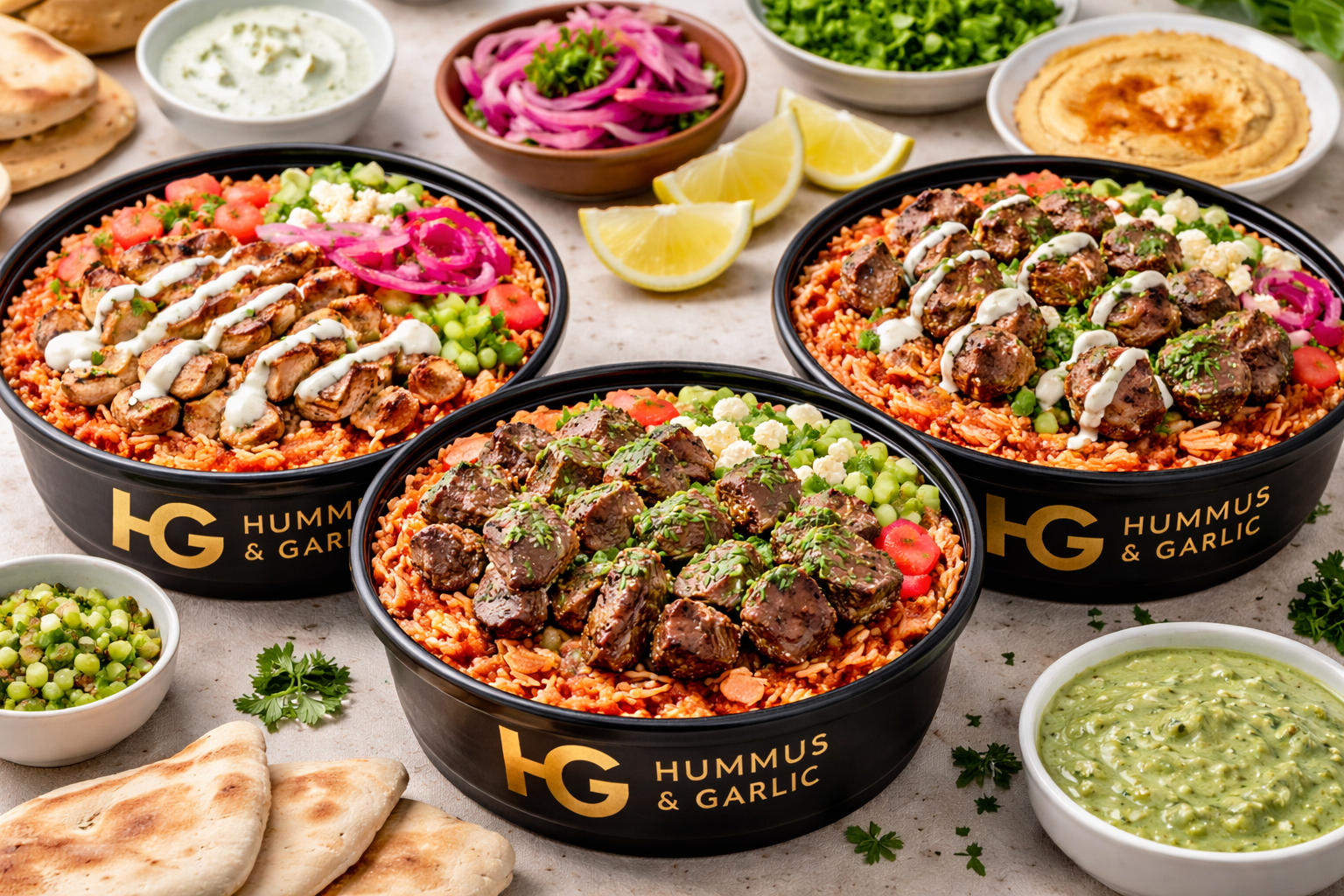 Hummus & Garlic — Mediterranean bowls, sandwiches, chicken shawarma, steak bowls, and shrimp bowls