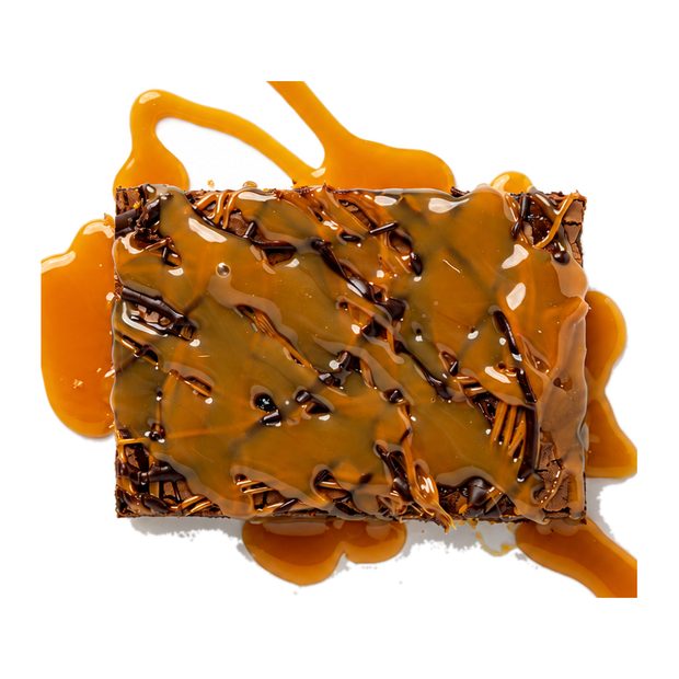Salted caramel pretzel brownie with caramel drizzle